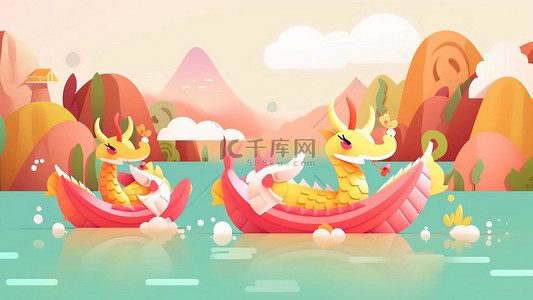 五福饺子背景图片_端午节水上龙舟扁平插画