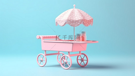 手推车车背景图片_粉色复古冰淇淋车，双色调模型，蓝色背景上有 3D 渲染