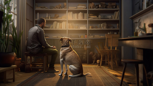 人和狗狗背景图片_犬伴侣 3D 插图主人和狗在家里