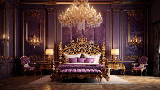 华丽的紫色卧室配有奢华的家具华丽的金色图案宽敞的四海报床和闪闪发光的枝形吊灯 3D 渲染
