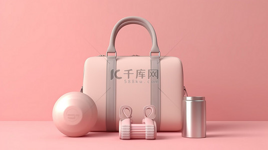柔和的米色和粉色背景上的运动包瓶和哑铃的时尚 3D 渲染