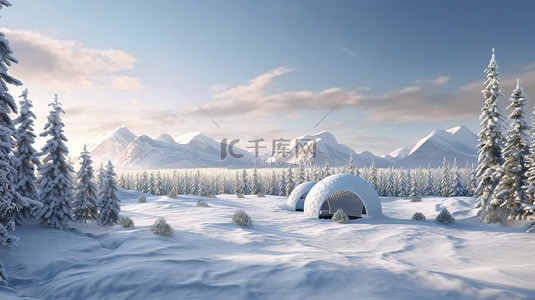山区背景下的北极景观积雪覆盖的松林和冰屋