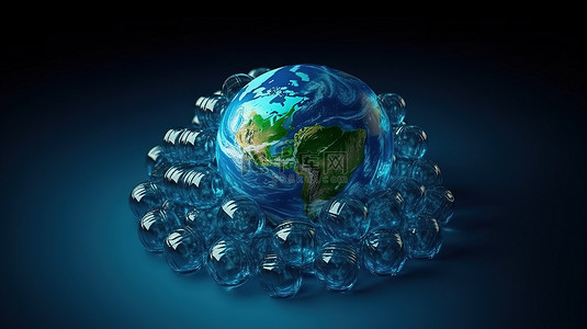 地球环境污染背景图片_可持续地球地球被塑料瓶包围，回收符号描绘全球塑料污染 3D 渲染