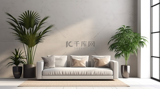 沙发设计背景背景图片_简约的灰色沙发内饰，配有 3D 植物模型现代设计