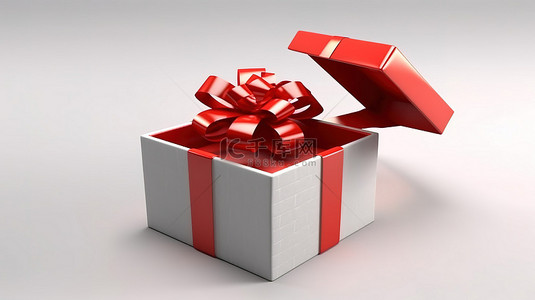 礼盒未打开背景图片_未装箱的惊喜纸板礼盒，带有红丝带和白色背景上的蝴蝶结，3D 创建