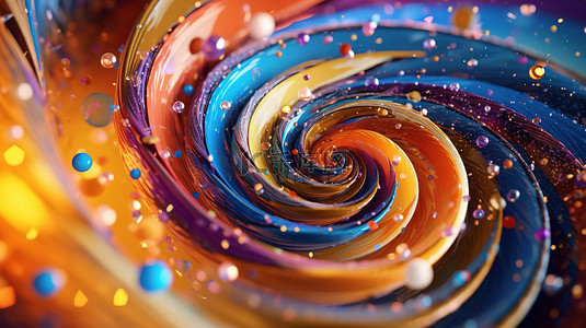 彩色螺旋和充满活力的粒子的抽象 3D 插图特写