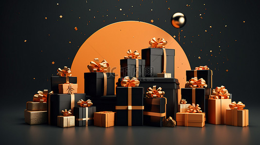 促销礼品海报背景图片_用礼品盒购物袋和圣诞装饰 3D 渲染打开储蓄黑色星期五促销