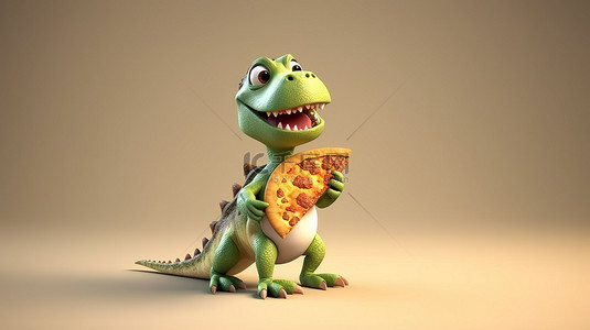 有趣的 3D 恐龙拿着美味的披萨