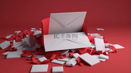 一个打开的信封和空白卡放在一堆红色密封字母 3d 渲染上