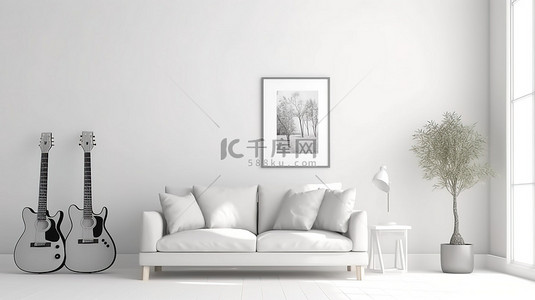 客厅家具海报背景图片_现代生活空间，配有花柜吉他和镶框海报 3D 渲染