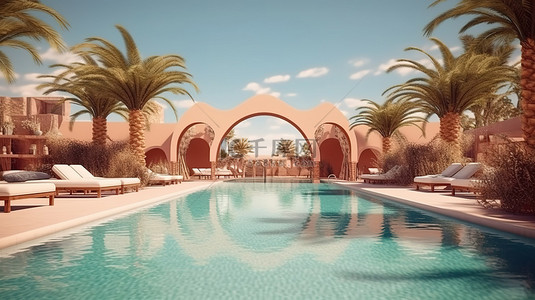 沙漠水背景图片_豪华度假村游泳池在美丽的阳光明媚的沙漠景观 3D 渲染夏季场景设计