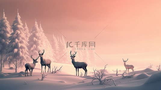 3d 冬季仙境中的鹿剪影