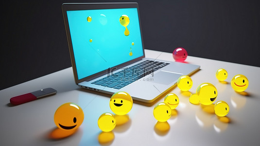 虚拟工作区 3D 笔记本电脑和桌子，带有聊天气泡和表情符号，非常适合远程工作和在线对话