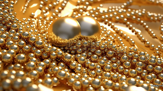 金色珍珠项链背景图片_闪闪发光的金色珍珠和闪闪发光的丝绸表面的 3D 插图