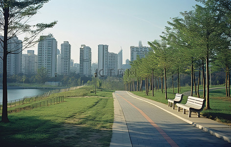 城市草地背景图片_首尔公园位于郊区中心，享有城市天际线