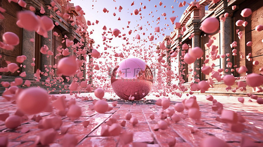 球背景图片_3D 渲染的粉红色球体在充满活力的场景中爆炸