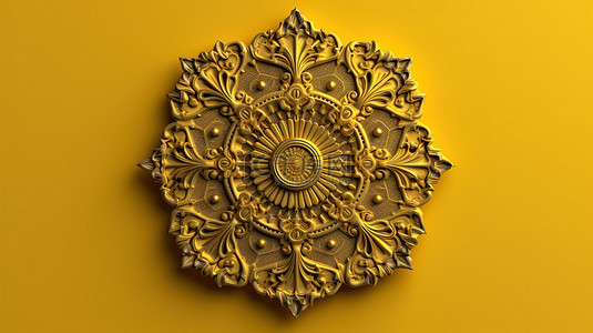 霓虹黄色产品展示的简约 3D 插图，配有古董金饰和几何图案