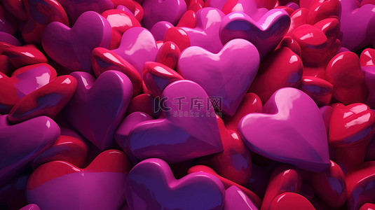 一个抽象的情人节背景，由 3d 猩红色和淡紫色的心组成的大心