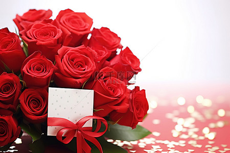 谢谢您陪我长大背景图片_红玫瑰，上面有一张卡片，表示节日快乐