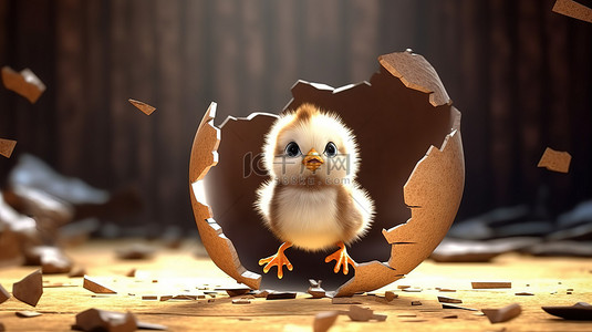 从破裂的蛋壳中出现的新孵化小鸡的 3d 渲染