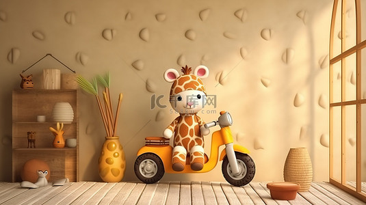 老式摩托车长颈鹿娃娃和熊娃娃装饰 3D 渲染的儿童房间