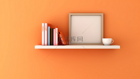 方形背景横幅的 3D 插图，数字平板电脑放在橙色墙架上