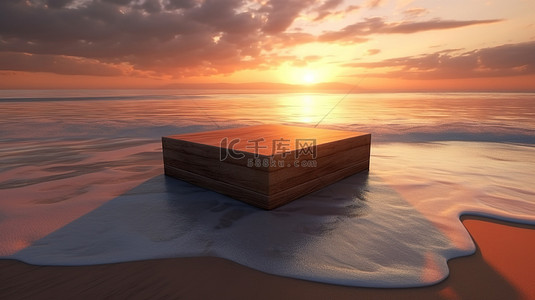 热带海水背景图片_日落时的木制底座在 3D 渲染的海滩景观上