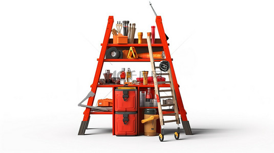 diy工具背景图片_工具箱和梯子的 3D 插图，白色背景上有工具