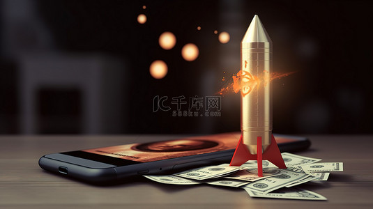 革命性的商业发射火箭从智能手机发射，同时在 3D 渲染中持有美元硬币