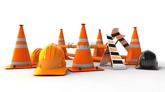 建设经理背景图片_白色背景路障标志头盔和锥体 3d 渲染中的建设概念