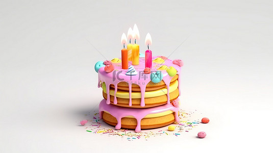 3D 渲染的卡通蛋糕，带有蜡烛，用于白色背景的生日庆祝活动
