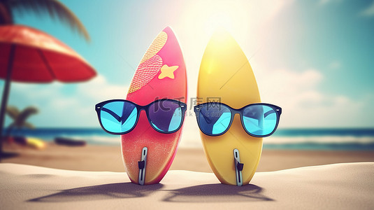 夏威夷海滩背景图片_两个太阳镜覆盖的冲浪板和沙滩球的充满活力的 3D 插图，具有风景秀丽的海滩背景