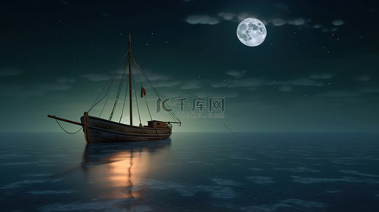 满月照耀在船后的 3D 插图