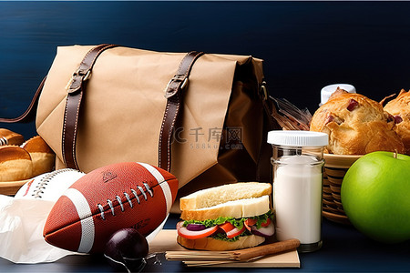 午餐袋背景图片_运动队午餐，带袋足球棒球手套球棒和三明治