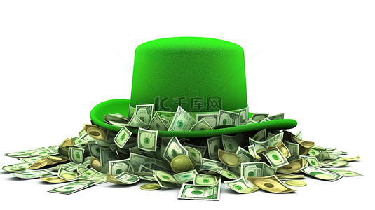 有钱人背景背景图片_庆祝圣帕特里克节 3D 插图孤立的绿帽，白色背景上有钱