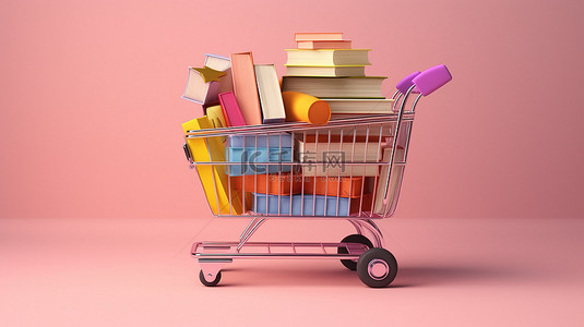 书籍购买理念粉红色背景，带有购物车和 3D 渲染的堆积书籍