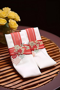 中国红布背景图片_两只红白条纹中国传统丝袜