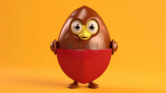 黄色背景的 3D 渲染，带有棕色鸡蛋角色吉祥物，戴着红色金属盾进行保护
