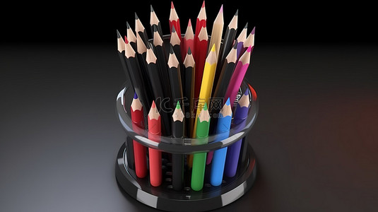 钢笔铅笔尺子和橡皮擦的时尚站的高架组织者 3D 渲染