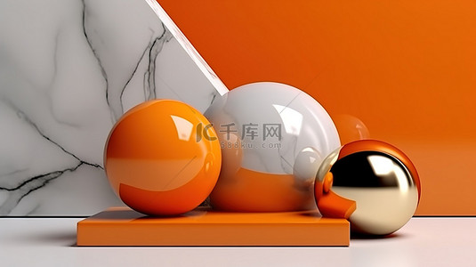 简约几何纹理橙色背景图片_大理石表面金色和橙色几何形状的简约 3D 渲染