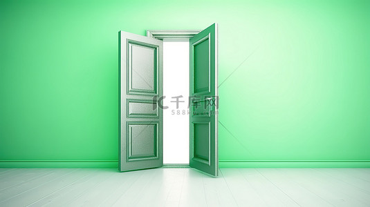 打开的大门背景图片_隔离在白色背景打开的门与绿光室内设计元素在 3D 渲染