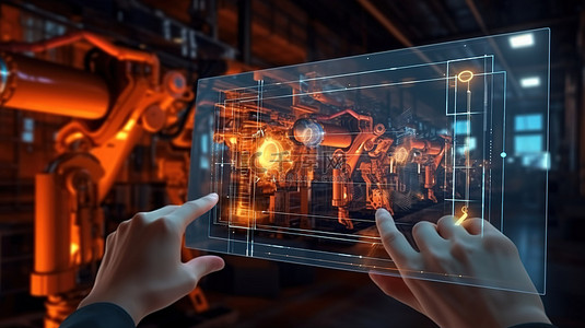 手绘网络科技背景图片_在具有自动化概念的未来工厂中使用平板电脑的机器人