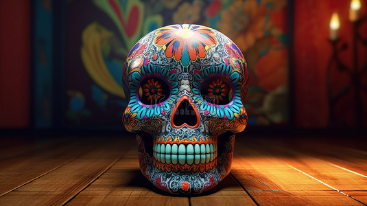 骨骼女孩背景图片_令人惊叹的 3D 渲染，其中有一个精心绘制的墨西哥头骨