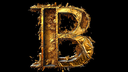 损坏的黑色字母 b 内显露出黄金宝藏，非常适合打字字母主题设计 3D 插图