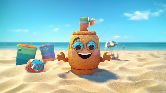 充满活力的海滩乐趣 3d 插图欢迎夏天