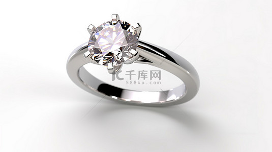 令人惊叹的钻石戒指放置在透明玻璃表面无缝白色背景上，具有 3D 渲染