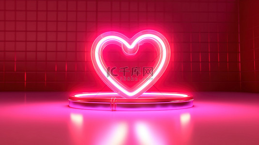 发光浪漫背景图片_3D 渲染的粉红色反射上发光的心形霓虹灯
