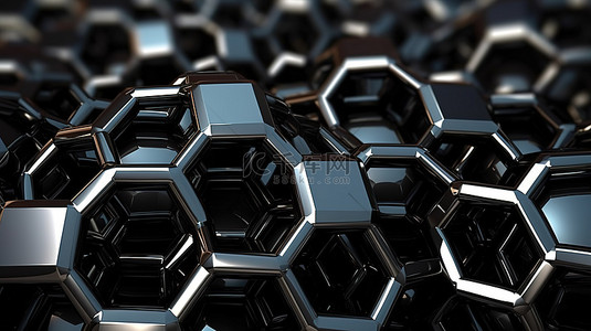 黑色抽象化学背景下六角金属分子的特写 3D 渲染