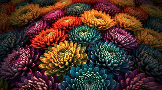 抽象 3d 背景中的彩色菊花装饰
