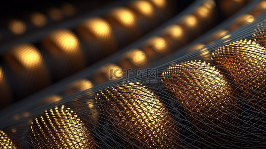 灯金色背景图片_豪华光纤通信 3D 渲染背景，带有金色点和线